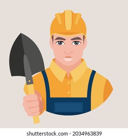 Un avatar de un hombre con casco protector y uniforme de construcción sostiene una pala en la mano. Digger del generador. Ilustración vectorial plana.