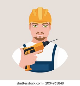 Avatar of a man in a protective helmet and construction uniform holds a drill in his hand. Builder. Flat vector illustration.