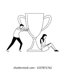 avatar man pushing a big trophy and avatar woman over white background, vector illustration
