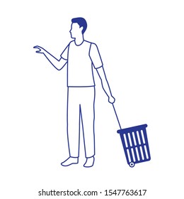 avatar man with Rolling Shopping Basket over white background, vector illustration