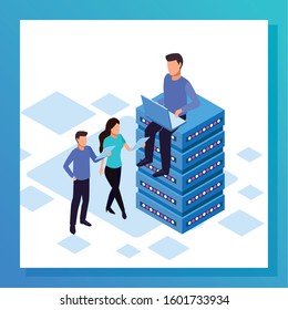 avatar man sitting on data center and people standing over white background, colorful design, vector illustration