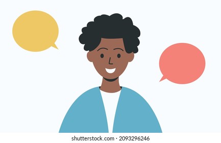 Avatar of a man with a speech bubble. A man with curly hair