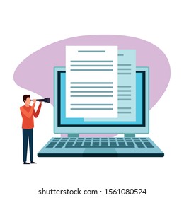 avatar man with spyglass and laptop computer over white background, colorful design , vector illustration