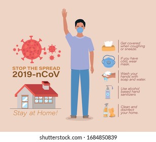 Avatar man stop of spread of 2019 ncov virus design of Covid 19 cov coronavirus infection corona epidemic disease symptoms and medical theme Vector illustration