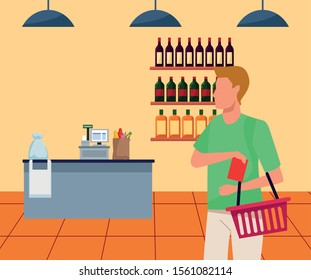 avatar man with supermarket basket at supermarket aisle, colorful design , vector illustration