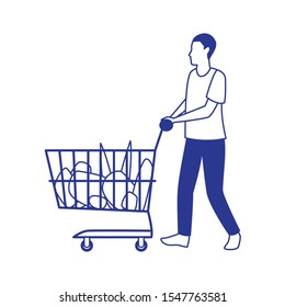 avatar man with supermarket cart with groceries over white background, vector illustration