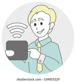 avatar a man with a tablet connected to wi-fi in shirt and tie