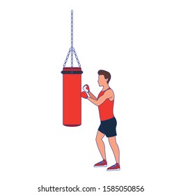 avatar Man training on a punching bag icon over white background, vector illustration