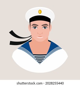 Avatar of a man in a white peakless cap with two black ribbons and a sailor suit. Sailor. Flat vector illustration.