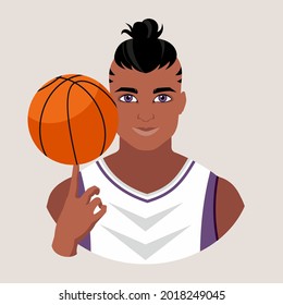 An avatar of a man in a white sports T-shirt is spinning a basketball ball on his finger. Basketball player. Sports concept. Vector flat illustration.
