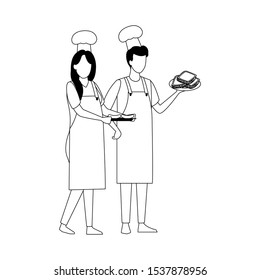 avatar man and woman with chef hat and apron holding a food over white background, vector illustration