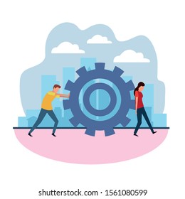 avatar man and woman pushing a gear wheel, teamwork concept, colorful design , vector illustration