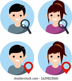 Avatar of man and woman of social network. Search magnifying glass and red route point. Navigation and Internet. Head of Young boy and girl in circle. App and people. Cartoon flat illustration
