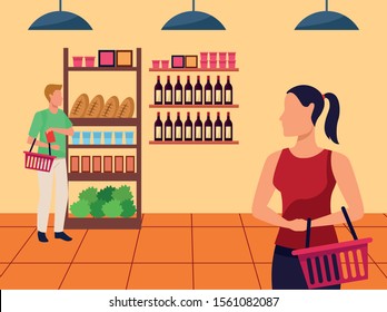 avatar man and woman in the supermarket aisle, colorful design , vector illustration