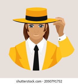 Avatar of a man in a yellow suit holding the brim of a wide-brimmed hat. Flat vector illustration.
