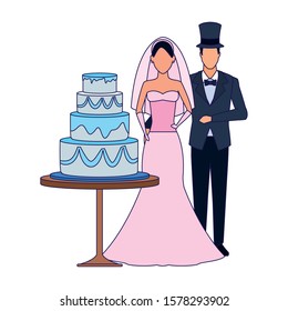 avatar married couple standing around the wedding cake icon over white background, vector illustration