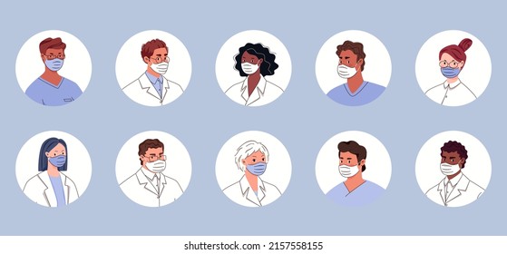 Avatar del personal médico con máscara. Conjunto de iconos de médicos, cirujanos, enfermeras, asistentes de laboratorio. Ilustración vectorial de dibujos animados planos.
