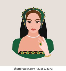 Avatar of a medieval woman in a green headdress and a dress embroidered with gold. Historical costume. Flat vector illustration.