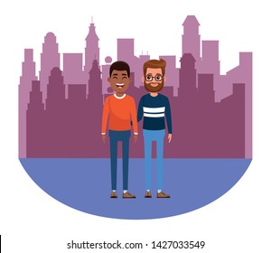 avatar men avatar afroamerican man smiling and man with beard and glasses profile picture cartoon character portrait skyscraper colorful silhouette cityscape vector illustration graphic design
