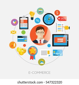 Avatar of men with devices for communication and commerce symbols