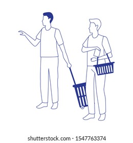 avatar men with supermarket baskets over white background, vector illustration
