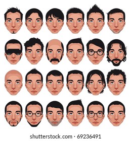 Avatar, men's portraits. Vector isolated characters with different hairstyles