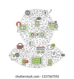 Avatar mobile user shape poster banner template. Online shopping, e-commerce, mobile payment symbols. Vector thin line art flat style design elements, icons for website banners and printed materials.