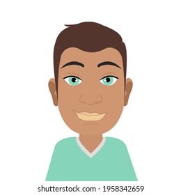 Avatar of a modern cute young guy with blue eyes. The character is isolated on a white background. Male image for printing on clothes, websites, applications. Vector graphics.