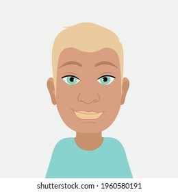 Avatar of a modern handsome young guy with blue eyes and blond hair. The character is on a gray background. Male image for printing on clothes, websites, applications, web banners. Vector graphics.