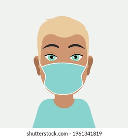 Avatar of a modern young guy in a medical protective mask. The man is blond with blue eyes. Coronavirus virus in the world. Vector graphics.