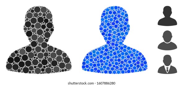 Avatar mosaic of small circles in different sizes and color tints, based on avatar icon. Vector small circles are organized into blue mosaic. Dotted avatar icon in usual and blue versions.