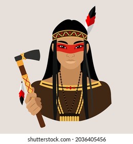 Un avatar de una mujer nativa norteamericana con una venda en la cabeza y con un traje nacional sostiene un tamoghawk en la mano. El salvaje oeste. Ilustración vectorial plana.