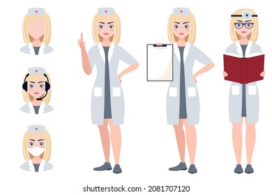 avatar nurse doctor vector illustration collection of female characters portraits and full-length, profession medicine