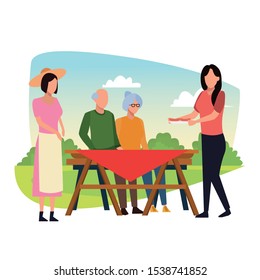 avatar old couple and women at a picnic table outdoos, colorful design , vector illustration