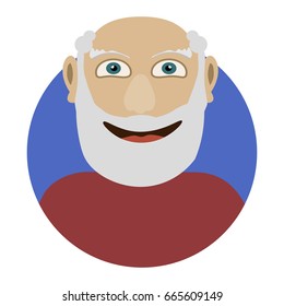 Avatar is an old man with glasses and a beard with a round icon. Cheerful smiling grandfather vector illustration. Old man