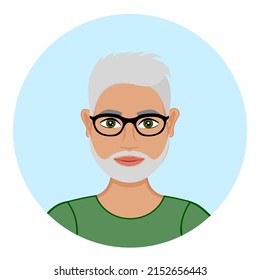 Avatar of an old man wearing eyeglasses. Portrait of a fashionable pensioner. Happy grandpa. Vector illustration. Old bearded man with gray hair