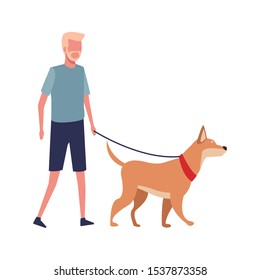 avatar old man wearing sport clothes and walking whit a dog over white background, colorful design. vector illustration