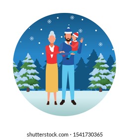 avatar old woman and man with little boy over snow landscape, merry christmas colorful design. vector illustration