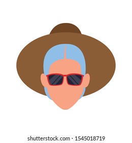 avatar old woman with sunglasses and hat icon over white background, vector illustration