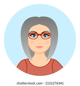 Avatar of an old woman wearing eyeglasses. Portrait of a fashionable pensioner. Happy grandma. Vector illustration. Old lady with gray hair