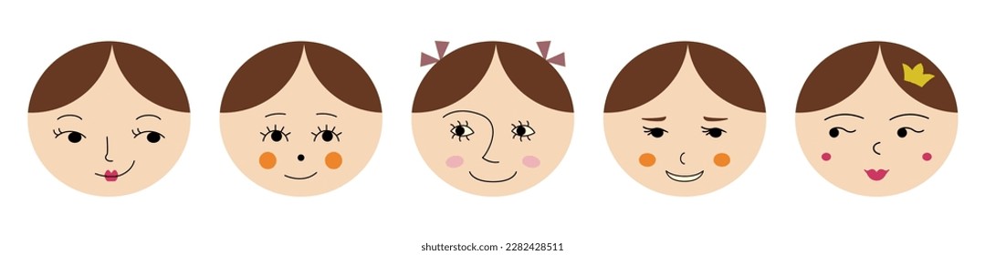 Avatar pack, cutely girlish faces. Variety stickers, diverse emoticons, girl countenance. Isolated flat illustration
