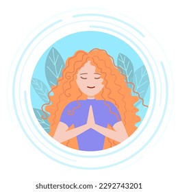 Avatar pastel pensive girl with red curly hair and closed eyes prays