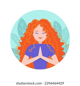 Avatar pensive girl with red curly hair and closed eyes prays