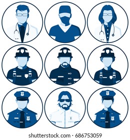 Avatar of people of emergency services. Flat icons with silhouettes of fireman, rescuer, doctor, surgeon, police officer, sheriff. Man and woman isolated on white. Vector illustration.