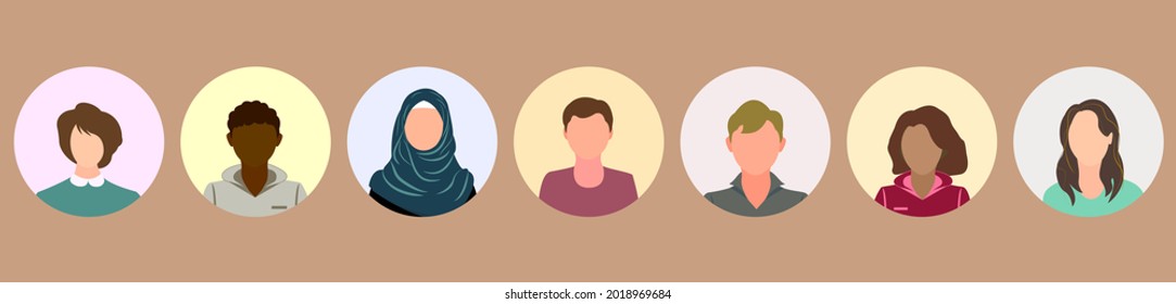 Avatar, people faces in flat style. Set of isolated icons of a human face to represent a person. Diverse multicultural men and women for profile picture. Vector of user face for web or account