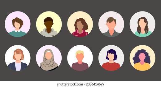Avatar, people faces in flat style. Set of isolated icons of a human face to represent a person. Diverse multicultural men and women for profile. Vector illustration of user face for web or account