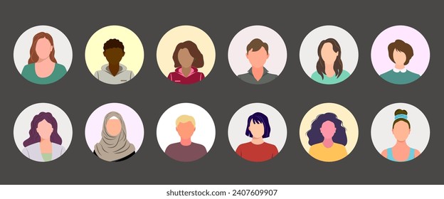 Avatar, la gente se enfrenta a un estilo plano. Conjunto de íconos aislados de un rostro humano para representar a una persona. Diversos hombres y mujeres multiculturales por perfil. Ilustración vectorial de la cara del usuario para web o cuenta