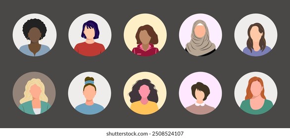 Avatar, las caras de la gente en estilo plano. Conjunto de iconos aislados de un rostro humano para representar a una persona. Diversas mujeres multiculturales para la imagen de perfil. Ilustración vectorial de la cara del usuario para Web o Cuenta