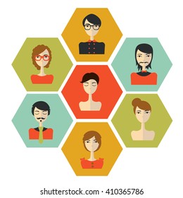 Avatar people head. Various cartoon modern design faces. Flat design vector illustration.