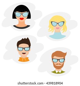 Avatar people icon set. Cute cartoon character. Diverse face collection. Men women wearing eyeglasses.. Male female head with sunglasses. Cloud shape Flat White background Isolated Vector illustration